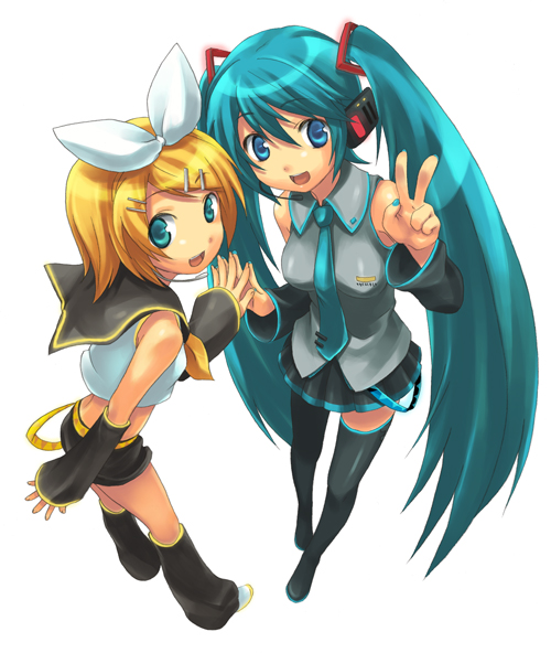 korita, hatsune miku, kagamine rin, vocaloid, detached sleeves, hair ornament, hairclip, long hair, necktie, thighhighs, twintails, v, very long hair, zettai ryouiki