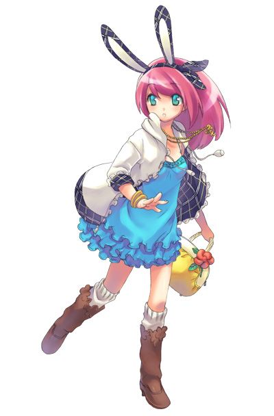 korita, animal ears, bag, boots, dress, jewelry, necklace, rabbit ears, rabbit girl, solo