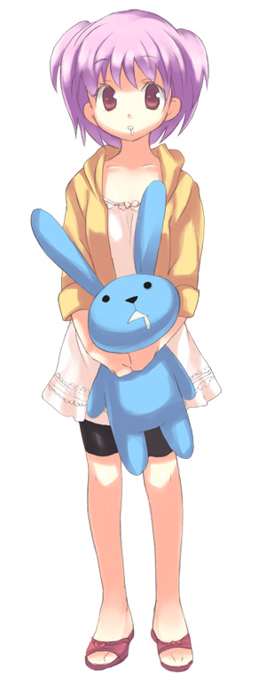 korita, 1girl, bike shorts, bike shorts under skirt, female focus, full body, purple hair, short hair, shorts, shorts under skirt, simple background, skirt, solo, standing, stuffed animal, stuffed rabbit, stuffed toy, twintails, white background