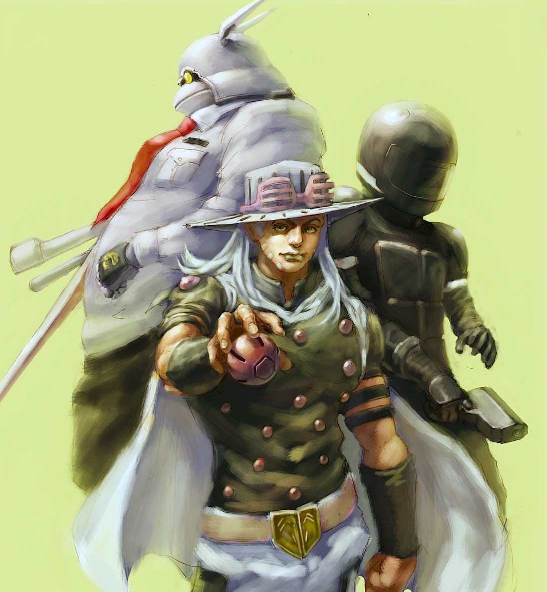 yona, gyro zeppeli, kanoe zouichi, biomega, jojo no kimyou na bouken, steel ball run, 1boy, ball, cape, crossover, hat