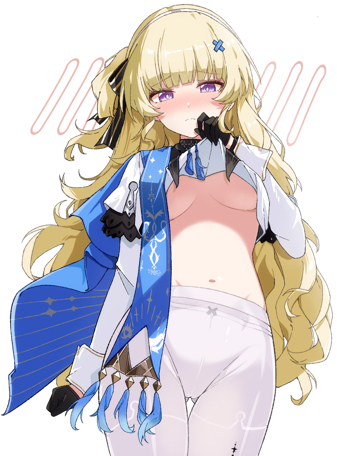 hururu (vldptmxk1054), phoebe (wuthering waves), wuthering waves, highres, 1girl, black bow, black collar, black gloves, blonde hair, blue sash, blush, bow, bow panties, breasts, clothes lift, collar, gloves, gluteal fold, hair ornament, lifting own clothes, long hair, looking at viewer, navel, no pants, nose blush, panties, panties under pantyhose, pantyhose, purple eyes, sash, shirt, solo, striped bow, tacet discord (wuthering waves), thigh gap, thighs, underboob, underwear, very long hair, white panties, white pantyhose, x hair ornament