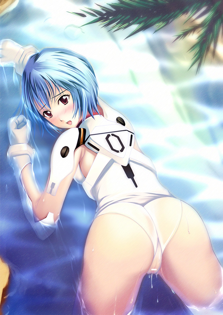 iga (nonono tsuushin), koyasugai, ayanami rei, neon genesis evangelion, pilot suit, bad id, bad pixiv id, 1girl, adapted costume, all fours, ass, bar censor, blue hair, blush, bracer, cameltoe, censored, clenched hand, elbow gloves, embarrassed, female focus, from above, gloves, legs apart, leotard, looking at viewer, looking back, mecha pilot suit, open mouth, outdoors, panties, plugsuit (evangelion), pussy, red eyes, see-through clothes, short hair, solo, tree, turtleneck, underwear, water, wet, wet clothes, wet panties, white gloves