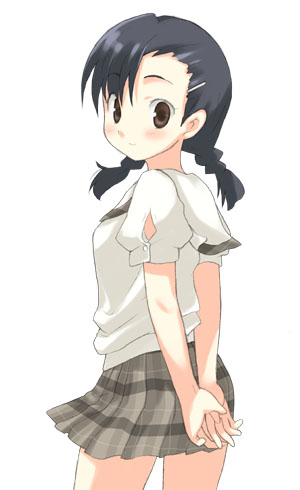 korita, lowres, arms behind back, black hair, short twintails, skirt, solo, twintails