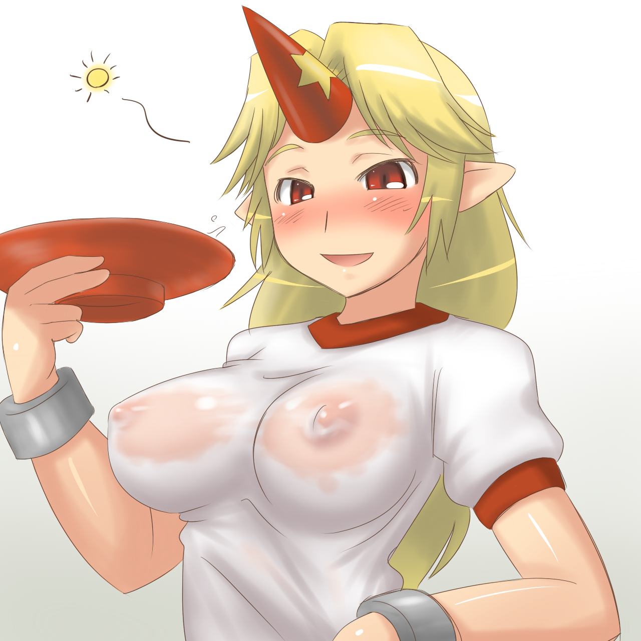 aaaa (quad-a), hoshiguma yuugi, touhou, bad id, bad pixiv id, highres, 1girl, alcohol, blonde hair, blush, breasts, breasts apart, covered erect nipples, cuffs, cup, drunk, female focus, horns, huge breasts, impossible clothes, impossible shirt, nipples, oni, pointy ears, red eyes, sakazuki, sake, see-through clothes, shackles, shirt, single horn, solo, wet, wet clothes, wet shirt