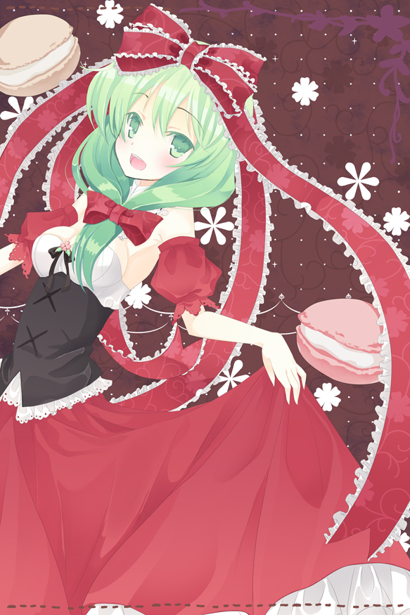 omiso, omiso (omiso), kagiyama hina, touhou, bad id, bad pixiv id, 1girl, bare shoulders, bow, bustier, colored eyelashes, dress, eyelashes, female focus, food, frills, front ponytail, green eyes, green hair, hair bow, hair ribbon, macaron, matching hair/eyes, ribbon, smile, solo