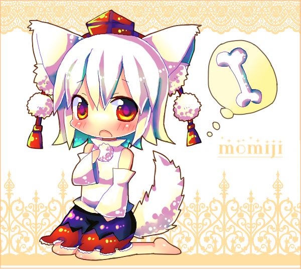 chocolat (momoiro piano), inubashiri momiji, touhou, bad id, bad pixiv id, 1girl, animal ears, barefoot, blush, bone, chibi, detached sleeves, female focus, full body, hat, kneeling, red eyes, solo, tail, tokin hat, white background, white hair, wolf ears, wolf tail