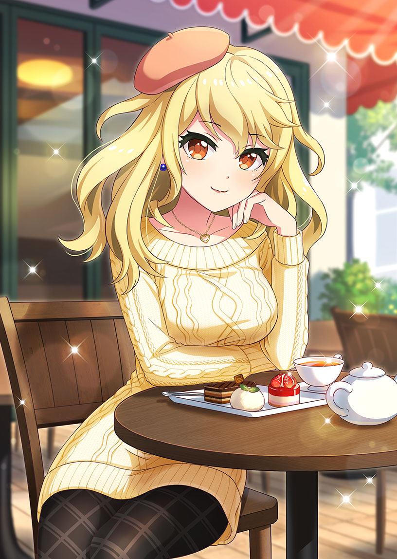 reina (project tokyo dolls), project tokyo dolls, commentary request, food request, official art, second-party source, 1girl, aran sweater, beret, black pantyhose, blonde hair, blurry, blurry background, breasts, cable knit, cafe, chair, closed mouth, collarbone, cup, day, dot nose, earrings, food, fruit, hand on own cheek, hand on own face, hat, jewelry, lips, long sleeves, looking at viewer, medium breasts, medium hair, on chair, orange eyes, orange hat, outdoors, pantyhose, round table, sitting, smile, solo, sparkle, strawberry, sweater, table, teacup, teapot, tilted headwear, tiramisu, tray, wooden chair, wooden table, yellow sweater