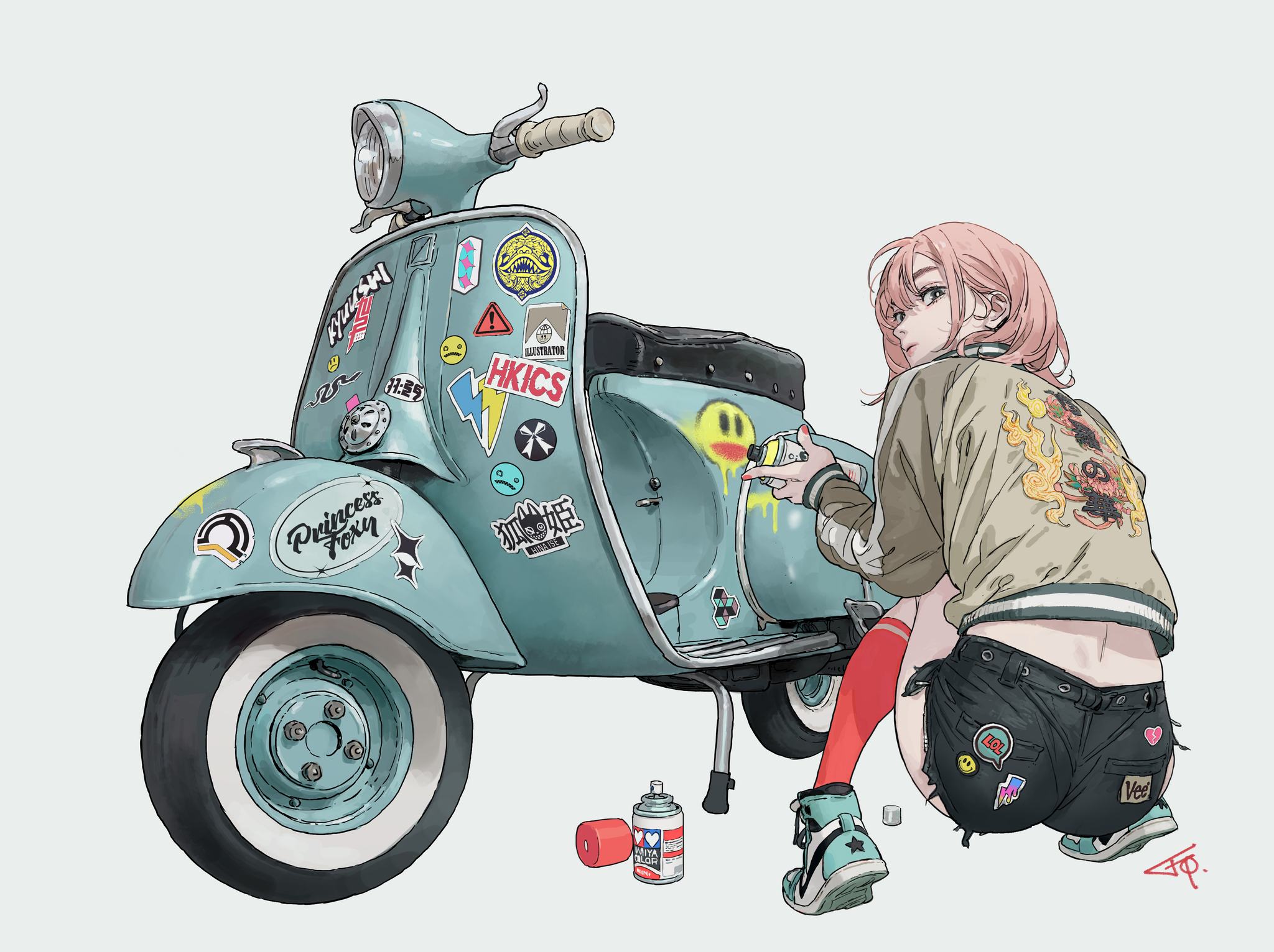 fcpfung, original, vespa, highres, 1girl, ass, black shorts, bomber jacket, cutoffs, grey jacket, holding, holding spray can, jacket, looking at viewer, looking back, motor vehicle, pink hair, red nails, scooter, shorts, simple background, solo, spray can, squatting, sticker, too many stickers, white background