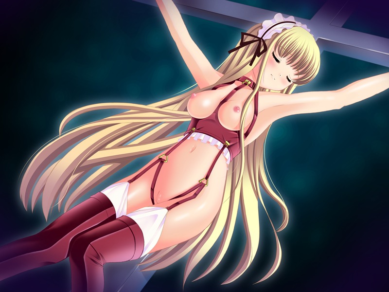 tagme, 1girl, armpits, arms up, blonde hair, blush, breasts, choker, closed eyes, collarbone, dutch angle, female focus, frills, garter belt, garter straps, hairband, long hair, maid headdress, medium breasts, navel, nipples, no panties, pussy, red thighhighs, solo, strap, thighhighs, uncensored, very long hair
