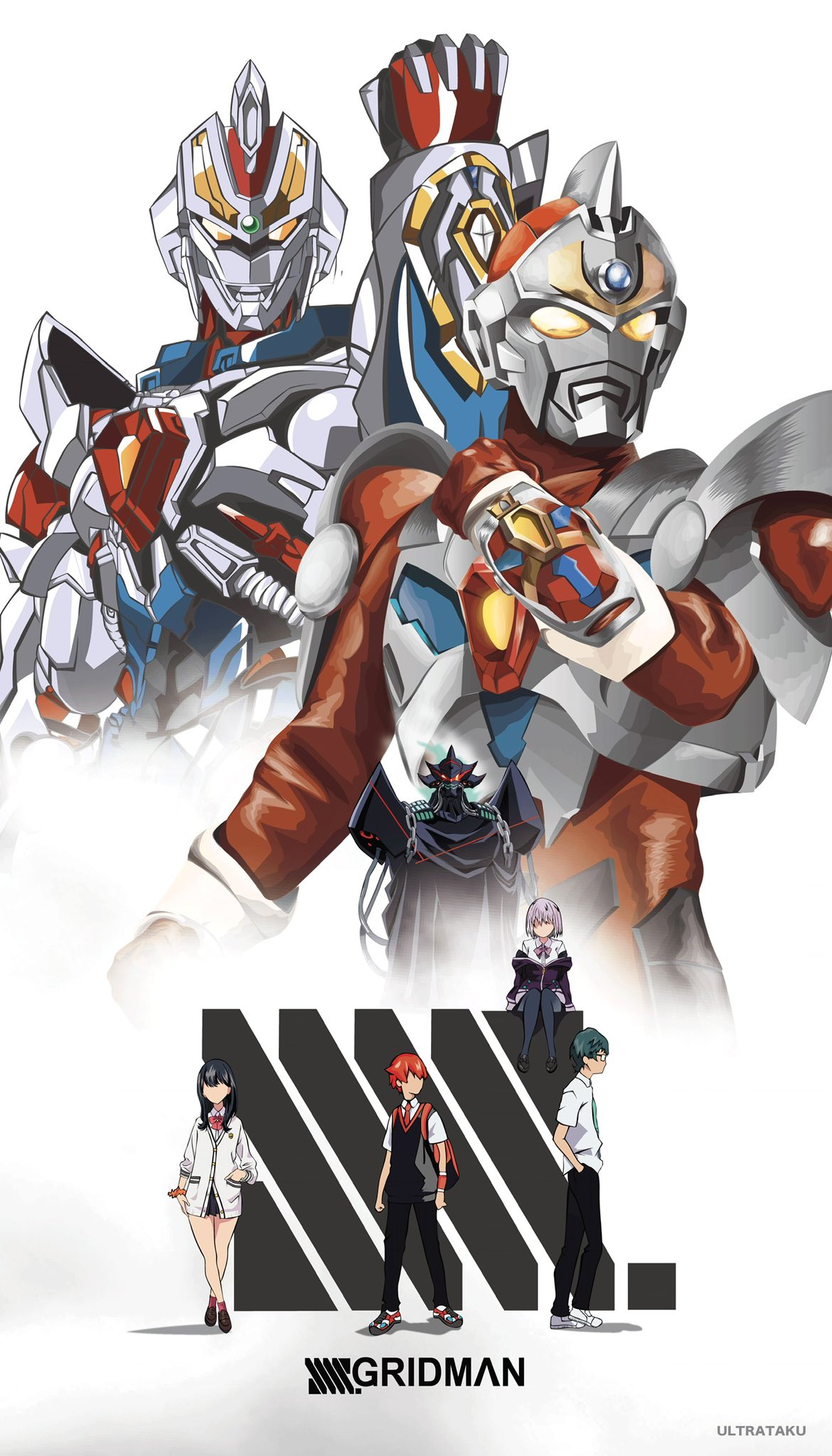 ultrataku, alexis kerib, gridman (character), gridman (ssss), hibiki yuuta, shinjou akane, takarada rikka, utsumi shou, denkou choujin gridman, gridman universe, ssss.gridman, tokusatsu, commentary, highres, 2girls, 4boys, acceptor, arm support, armor, artist name, backpack, bag, bare legs, black armor, black cloak, black hair, black pants, black shoes, black skirt, black sweater vest, blue armor, blue gemstone, bow, bowtie, breastplate, brown shoes, cardigan, chain, clenched hands, cloak, collared shirt, copyright name, cropped torso, crossed ankles, dress shirt, dual persona, english text, faceless, forehead jewel, full armor, full body, gauntlets, gem, giant, giant male, glasses, glowing, glowing eyes, green gemstone, green hair, green necktie, grey pantyhose, hand up, hands in pockets, horns, jacket, knees together feet apart, loafers, long hair, looking ahead, looking at viewer, male focus, mecha, miniskirt, multicolored armor, multiple boys, multiple girls, necktie, orange scrunchie, pants, pantyhose, pink hair, pleated skirt, purple bow, purple bowtie, purple jacket, red armor, red bag, red bow, red bowtie, red eyes, red hair, red necktie, red shoes, robot, school uniform, scrunchie, shadow, shirt, shoes, short hair, short sleeves, shoulder armor, simple background, sitting, skirt, standing, sweater vest, three-quarter sleeves, toned, toned male, white background, white cardigan, white shirt, white shoes, wrist scrunchie, wristband, yellow eyes