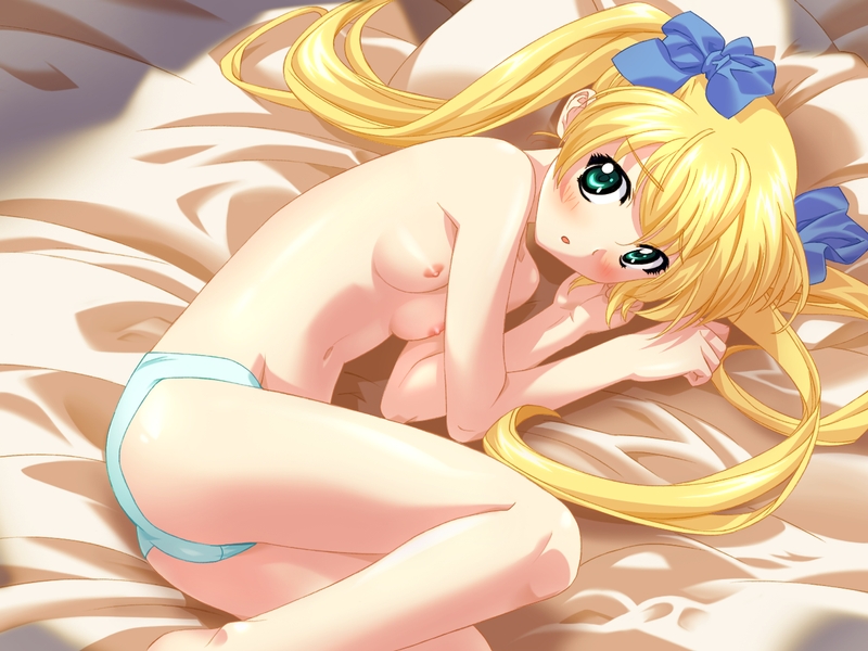 tokisaka inori, caramel box, getsuyoutei nite, artist request, game cg, 1girl, barefoot, bed, blonde hair, blue panties, blue ribbon, blush, breasts, collarbone, female focus, green eyes, hair ribbon, loli, long hair, looking at viewer, lying, navel, nipples, on bed, on side, open mouth, panties, pillow, ribbon, small breasts, solo, topless female, twintails, underwear