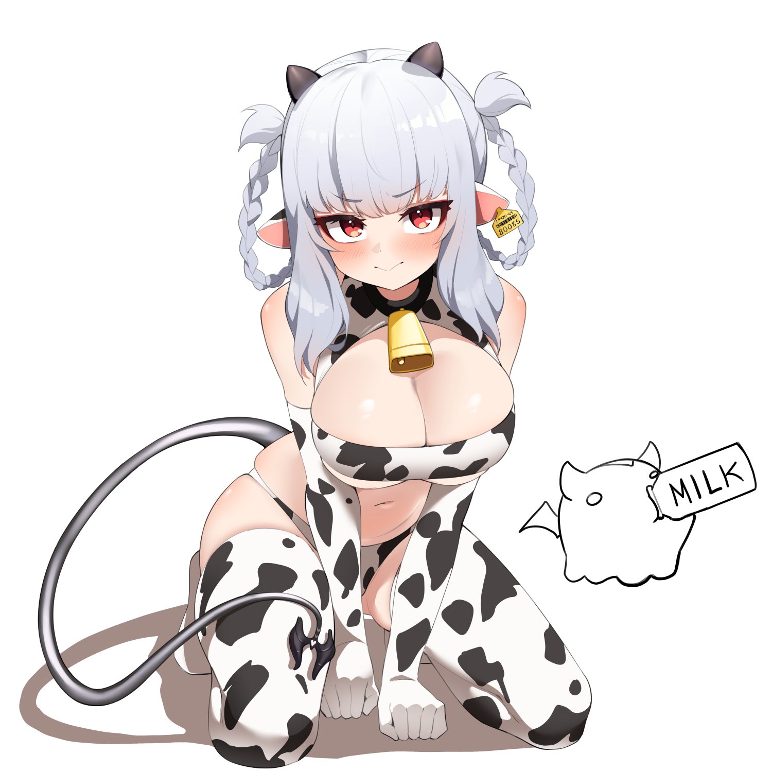 nano (nanojyaa), lucy pyre, indie virtual youtuber, highres, 1girl, all fours, animal print, bare shoulders, bell, bikini, blunt bangs, blush, braid, braided hair rings, breasts, cleavage, closed mouth, cow print, cow print bikini, cow print thighhighs, cow tail, cowbell, full body, grey hair, hair rings, horns, large breasts, leaning forward, looking at viewer, navel, neck bell, pointy ears, print bikini, print thighhighs, red eyes, sidelocks, simple background, sitting, skindentation, smile, solo, swimsuit, tail, thighhighs, tsurime, underboob, virtual youtuber, white background