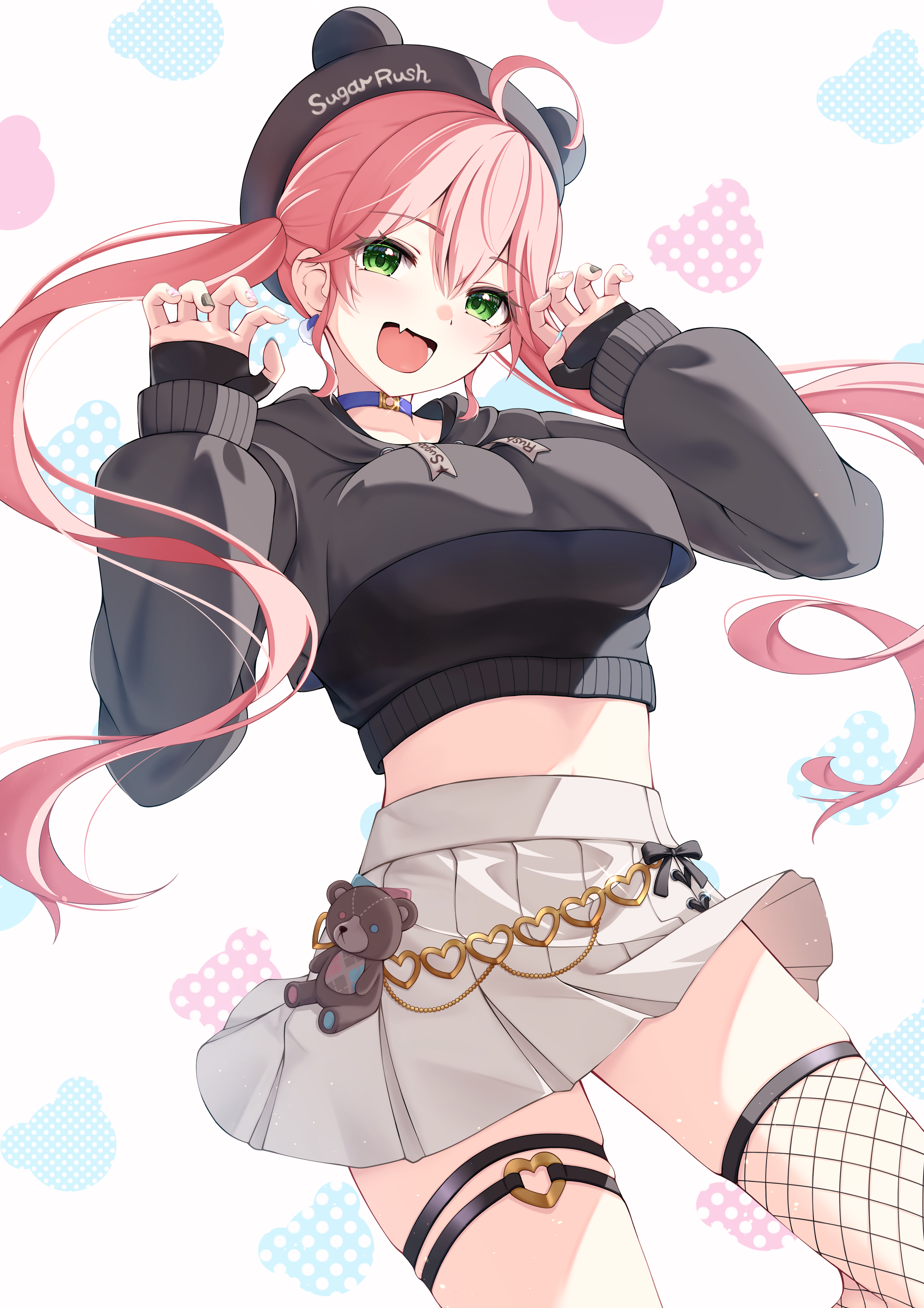 mira bluesky3, sakura miko, sakura miko (micomet), hololive, absurdres, highres, 1girl, adapted costume, ahoge, bear background, bear hat, black bow, black gloves, black hat, black straps, blue choker, blue nails, bow, breasts, brown nails, choker, claw pose, cowboy shot, cropped jacket, cropped sweater, fang, fingerless gloves, fingernails, gloves, green eyes, grey jacket, grey skirt, hair between eyes, hat, high-waist skirt, jacket, long hair, long sleeves, looking at viewer, medium breasts, midriff, multicolored nails, nail polish, open mouth, pink hair, pink nails, pleated skirt, pom pom (clothes), single fishnet legwear, skin fang, skindentation, skirt, sleeves past wrists, solo, stuffed animal, stuffed toy, sweater, teddy bear, thigh strap, twintails, two-tone nails, virtual youtuber, white nails