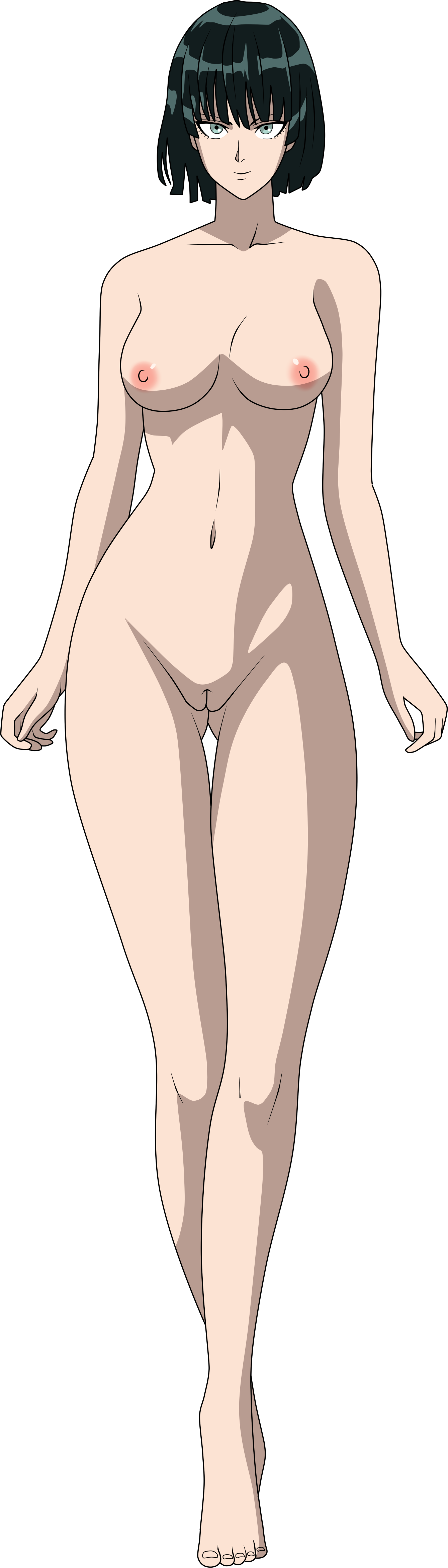 lionprideart, fubuki (one-punch man), one-punch man, absurdres, highres, long image, tall image, 1girl, armpit crease, arms at sides, barefoot, bob cut, breasts, cleft of venus, collarbone, completely nude, curled fingers, curvy, eyelashes, facing viewer, feet, female focus, full body, gluteal fold, green eyes, green hair, groin, heel up, knees, large breasts, legs, lips, looking at viewer, matching hair/eyes, navel, neck, nipples, nude, pussy, short hair, sidelocks, smirk, standing, stomach, thigh gap, thighs, toenails, toes, transparent background, tsurime, unworn clothes, wide hips