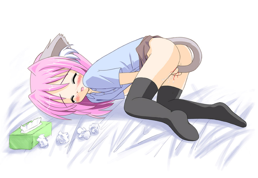 original, artist request, 1girl, animal ears, bed sheet, bedwetting, black thighhighs, blood, blue eyes, blue shirt, blush, bottomless, brown skirt, buttons, cat ears, cat tail, closed eyes, crying, defloration, female focus, female masturbation, masturbation, medium hair, no panties, open mouth, peeing, pink hair, pussy juice, self defloration, shirt, skirt, solo, tail, tears, thighhighs, tissue, uncensored, vaginal