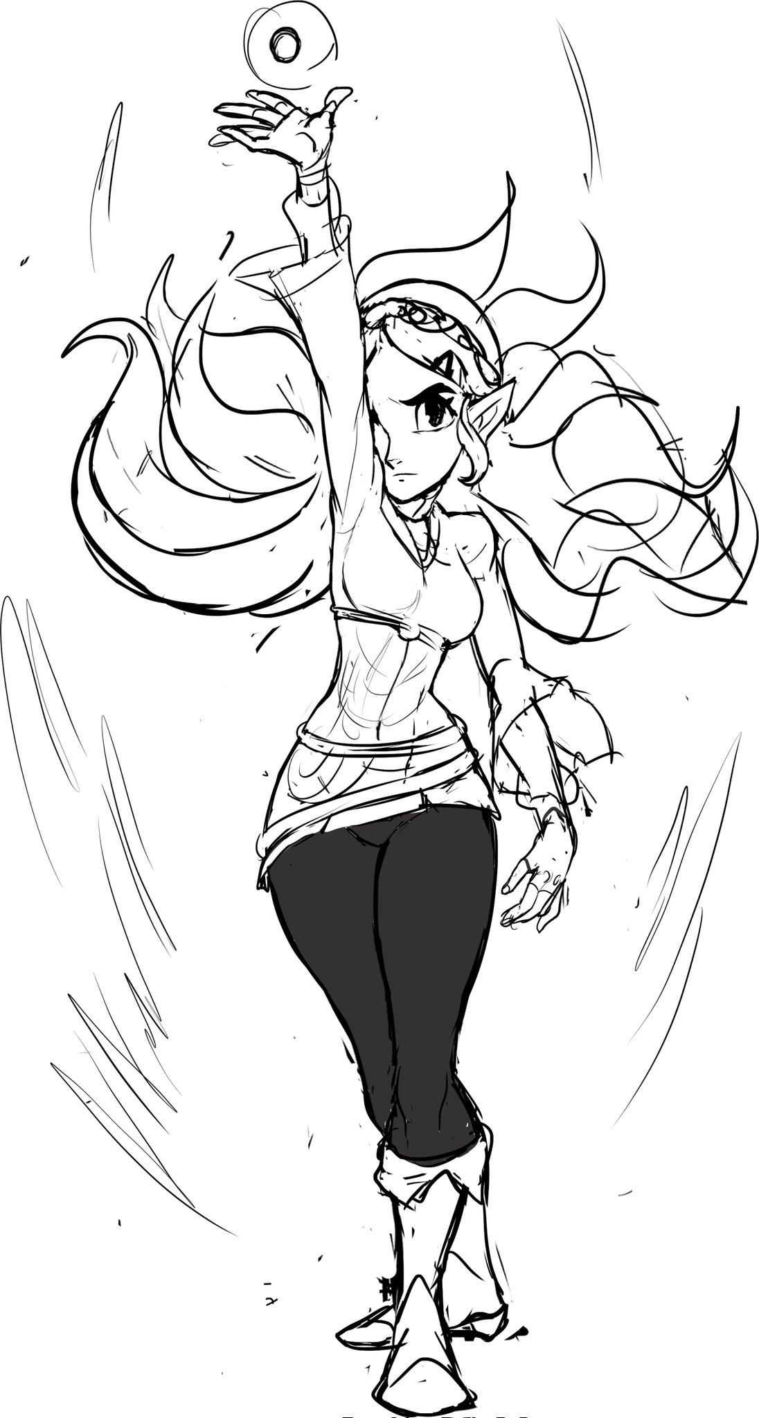 teevo, princess zelda, nintendo, the legend of zelda, the legend of zelda: breath of the wild, highres, arms up, braid, hair ornament, hairclip, leggings, long hair, looking at viewer, magic, one eye covered, pointy ears, sketch