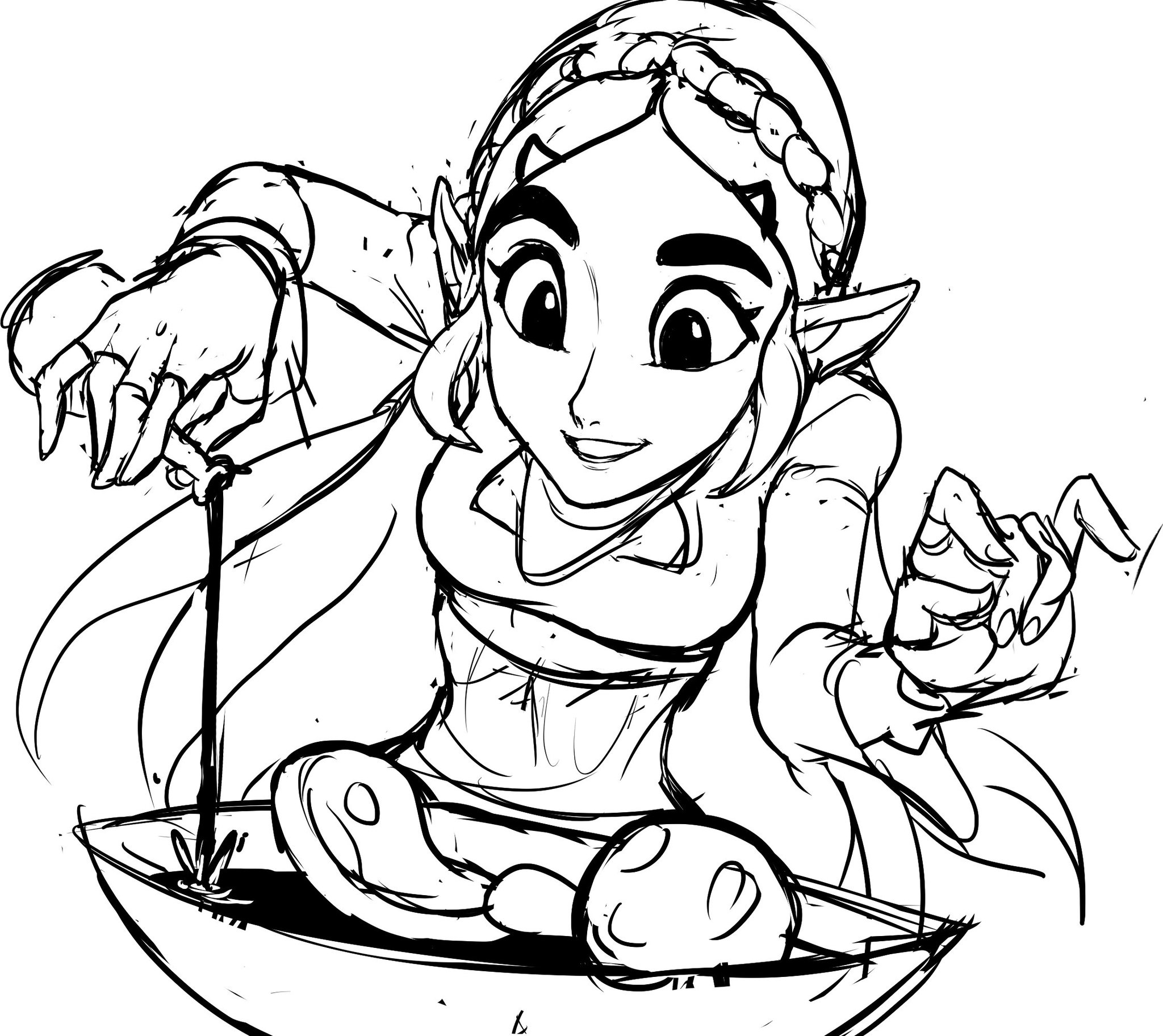 teevo, princess zelda, nintendo, the legend of zelda, the legend of zelda: breath of the wild, pan, highres, braid, cooking, fingerless gloves, food, gloves, hair ornament, hairclip, leaning forward, long hair, mushroom, pointy ears, pouring, sketch, steak, vial