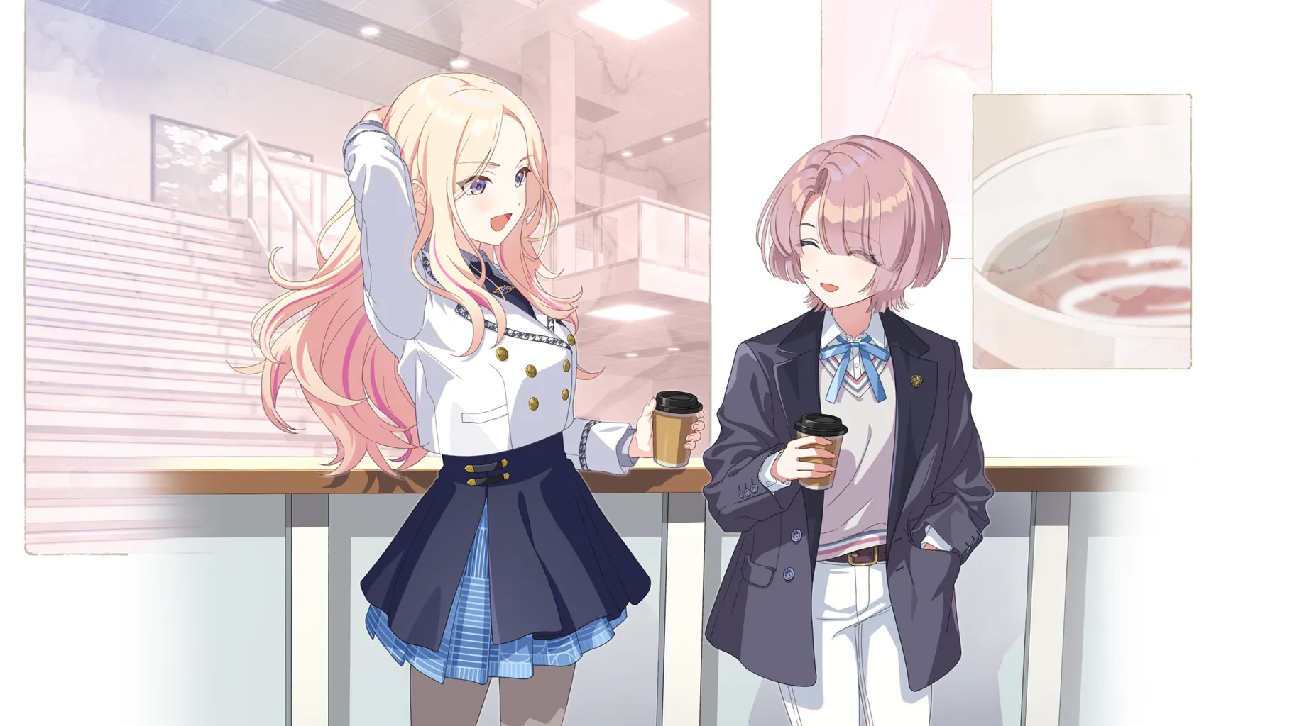 arimura mao, juo sena, gakuen idolmaster, idolmaster, game cg, highres, official art, 2girls, belt, blazer, blonde hair, blue eyes, brown hair, buttons, ceiling light, closed eyes, collared shirt, counter, cup, disposable cup, forehead, hand in pocket, holding, jacket, layered skirt, multicolored hair, multiple girls, neck ribbon, necktie, open mouth, pants, pantyhose, pink hair, railing, ribbon, shadow, shirt, skirt, stairs, sweater vest, white pants