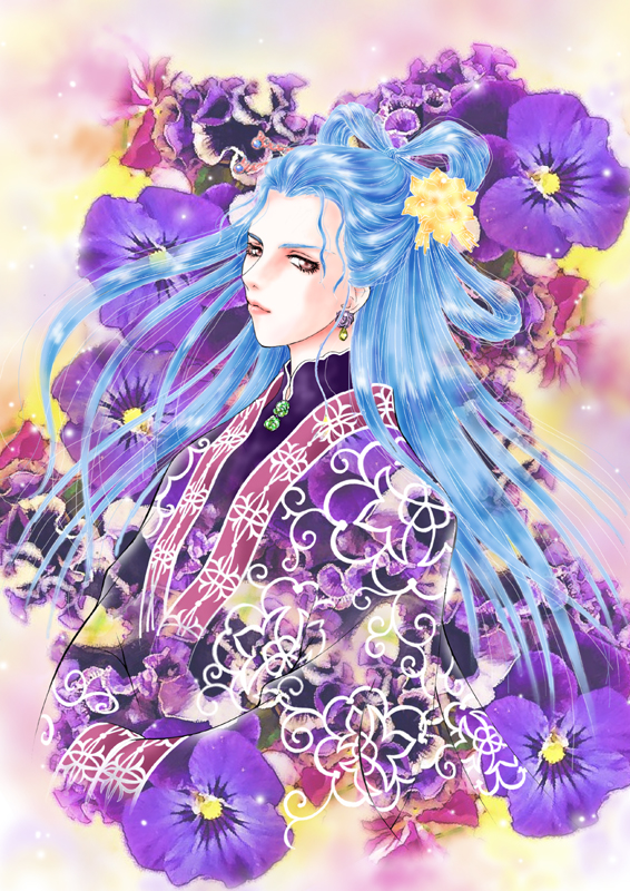 pinknomi68, shoukei, shoukei (juuni kokuki), juuni kokuki, bad id, bad pixiv id, 1girl, blue hair, chinese clothes, earrings, female focus, floral background, flower, hair rings, hanfu, jewelry, long hair, solo