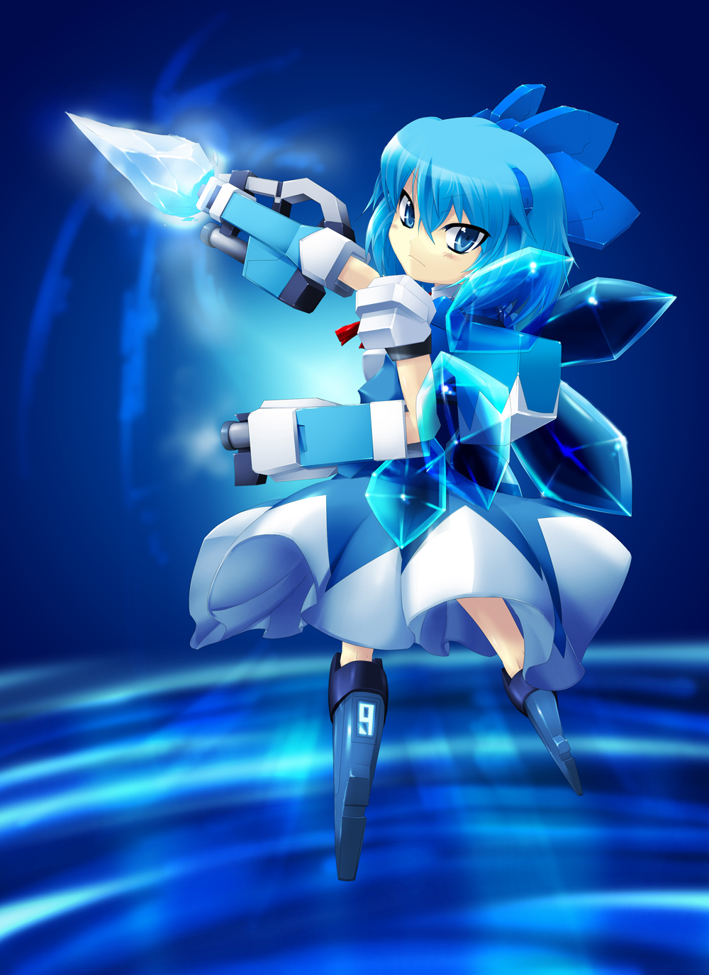 wazuka (pixiv), wazuka na shiawase, cirno, touhou, bad id, bad pixiv id, highres, 1girl, blue eyes, blue hair, circled 9, dress, female focus, full body, gradient background, matching hair/eyes, mecha, mecha musume, robot, short hair, solo, wings