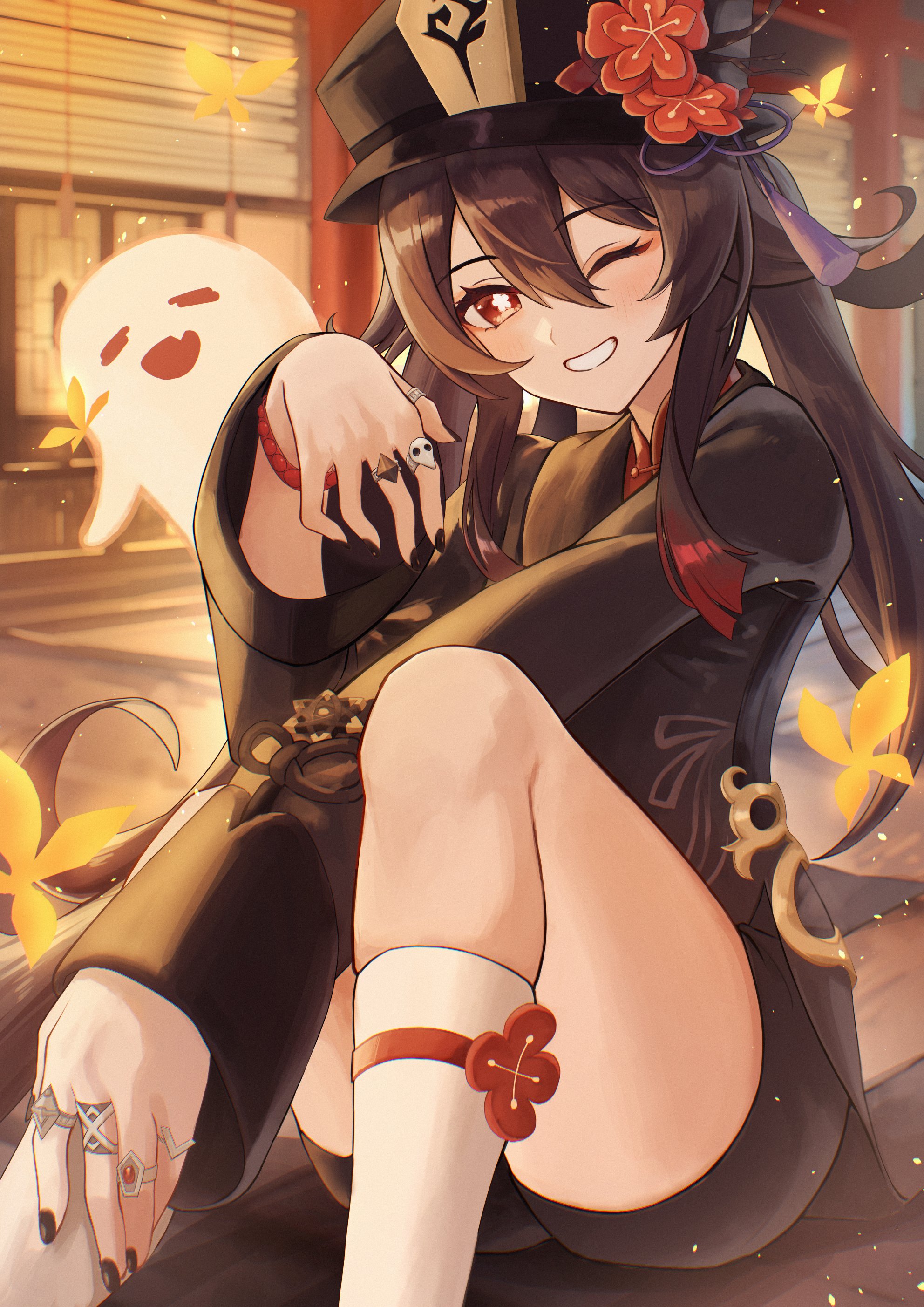 hal aluha, boo tao (genshin impact), hu tao (genshin impact), genshin impact, absurdres, highres, 1girl, black hat, black nails, blush, brown hair, bug, butterfly, chinese clothes, flower, flower-shaped pupils, ghost, hat, hat flower, hat tassel, indoors, insect, jewelry, knees up, long hair, long sleeves, looking at viewer, multiple rings, plum blossoms, porkpie hat, red eyes, ring, shorts, smile, socks, symbol-shaped pupils, twintails, white socks