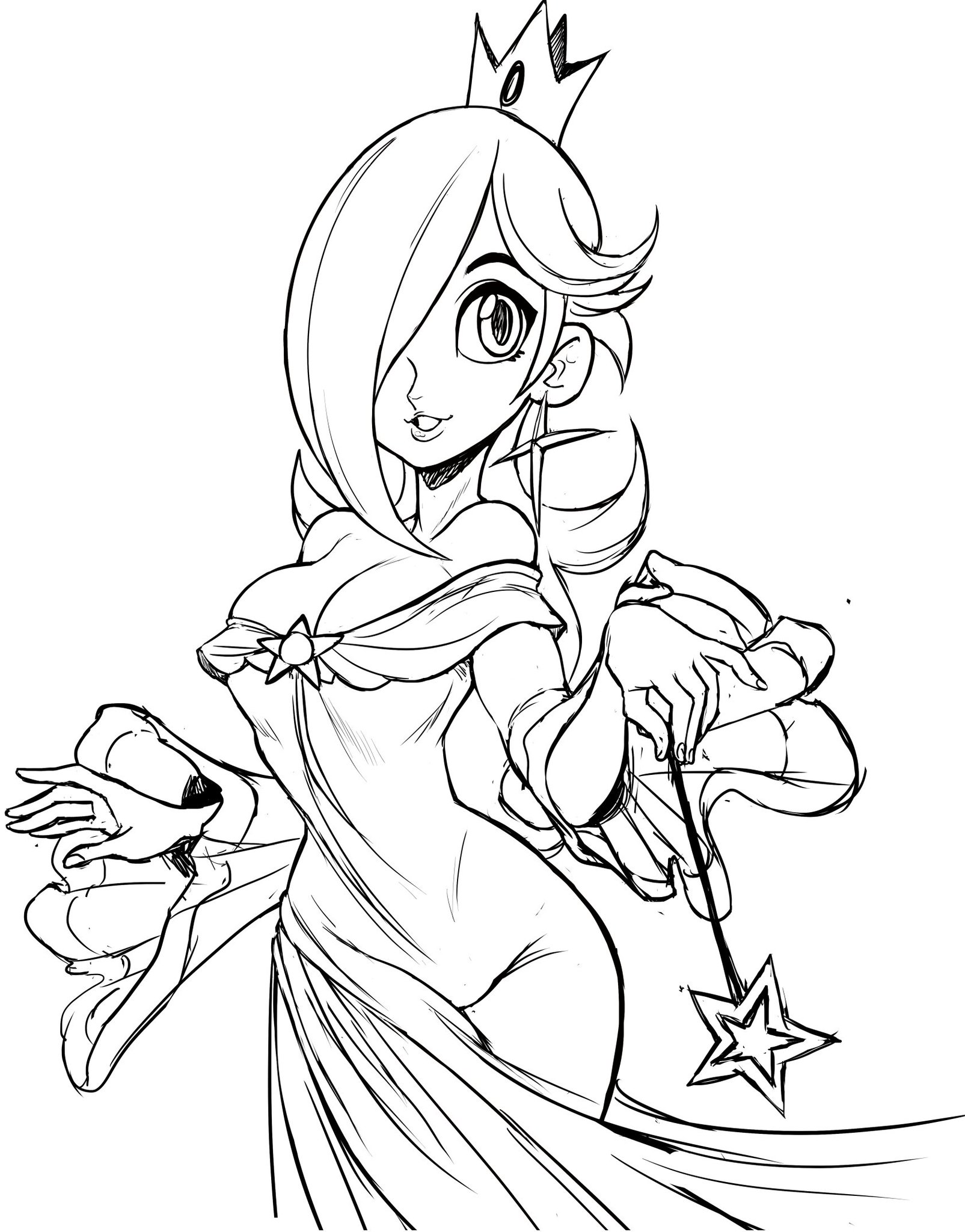 teevo, rosalina, mario (series), nintendo, highres, breasts, brooch, cleavage, crown, dress, earrings, hair over one eye, holding, jewelry, left-handed, one eye closed, sketch, star (symbol), star brooch, star earrings, star wand, wand