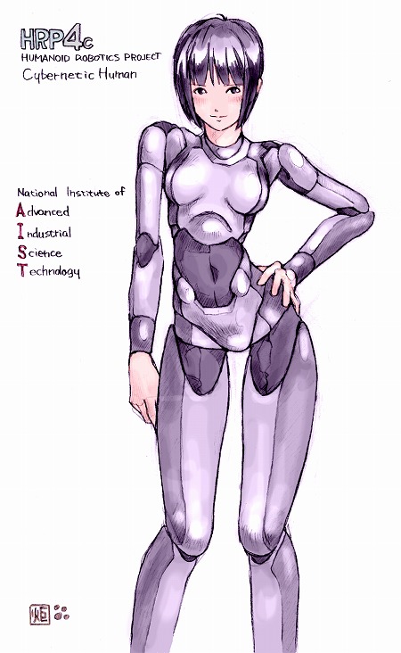 kotatsu-spirit, hrp-4c, original, real life, 1girl, android, black eyes, black hair, blush, female focus, hand on own hip, hip focus, joints, robot joints, short hair, signature, simple background, sketch, smile, solo, white background, wide hips