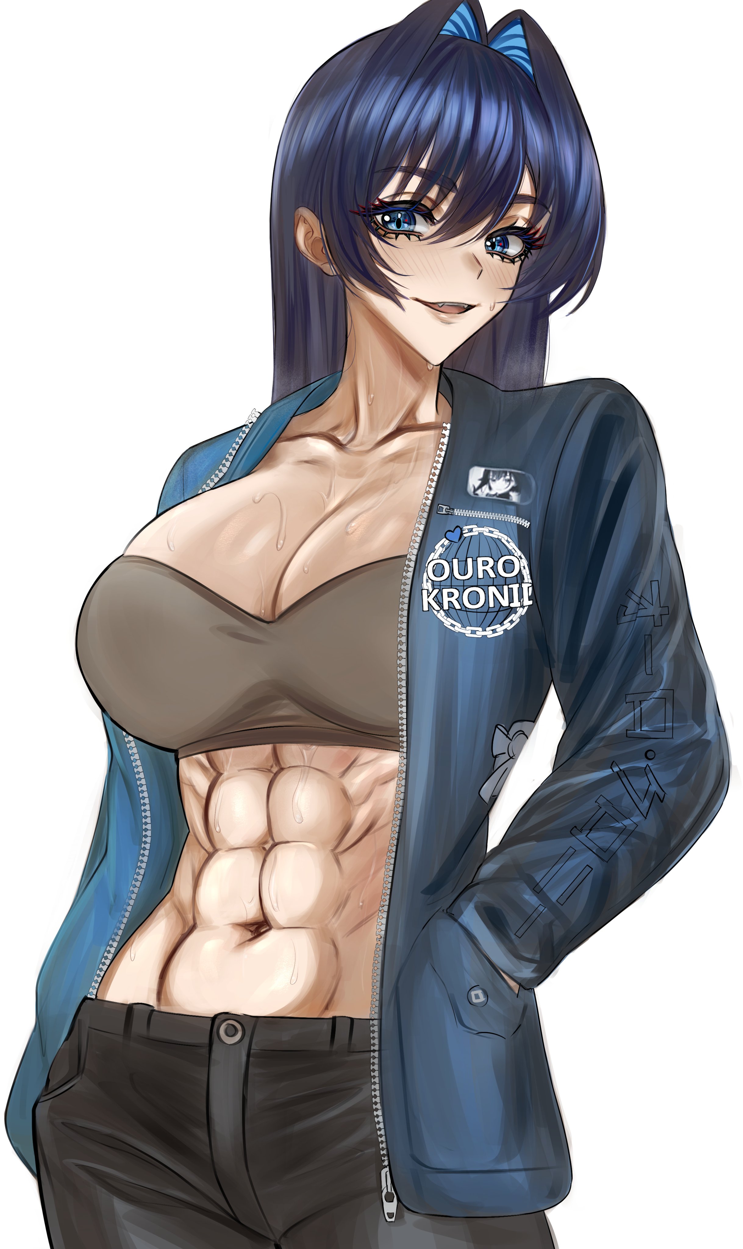 sacrokies, ouro kronii, hololive, hololive english, absurdres, commentary, english commentary, highres, 1girl, abs, black pants, blue eyes, blue hair, blue jacket, blush, breasts, cleavage, fangs, hand in pocket, jacket, large breasts, long hair, looking at viewer, muscular, muscular female, open clothes, open jacket, pants, sharp teeth, smile, solo, sweat, tank top, teeth, virtual youtuber, white background, zipper