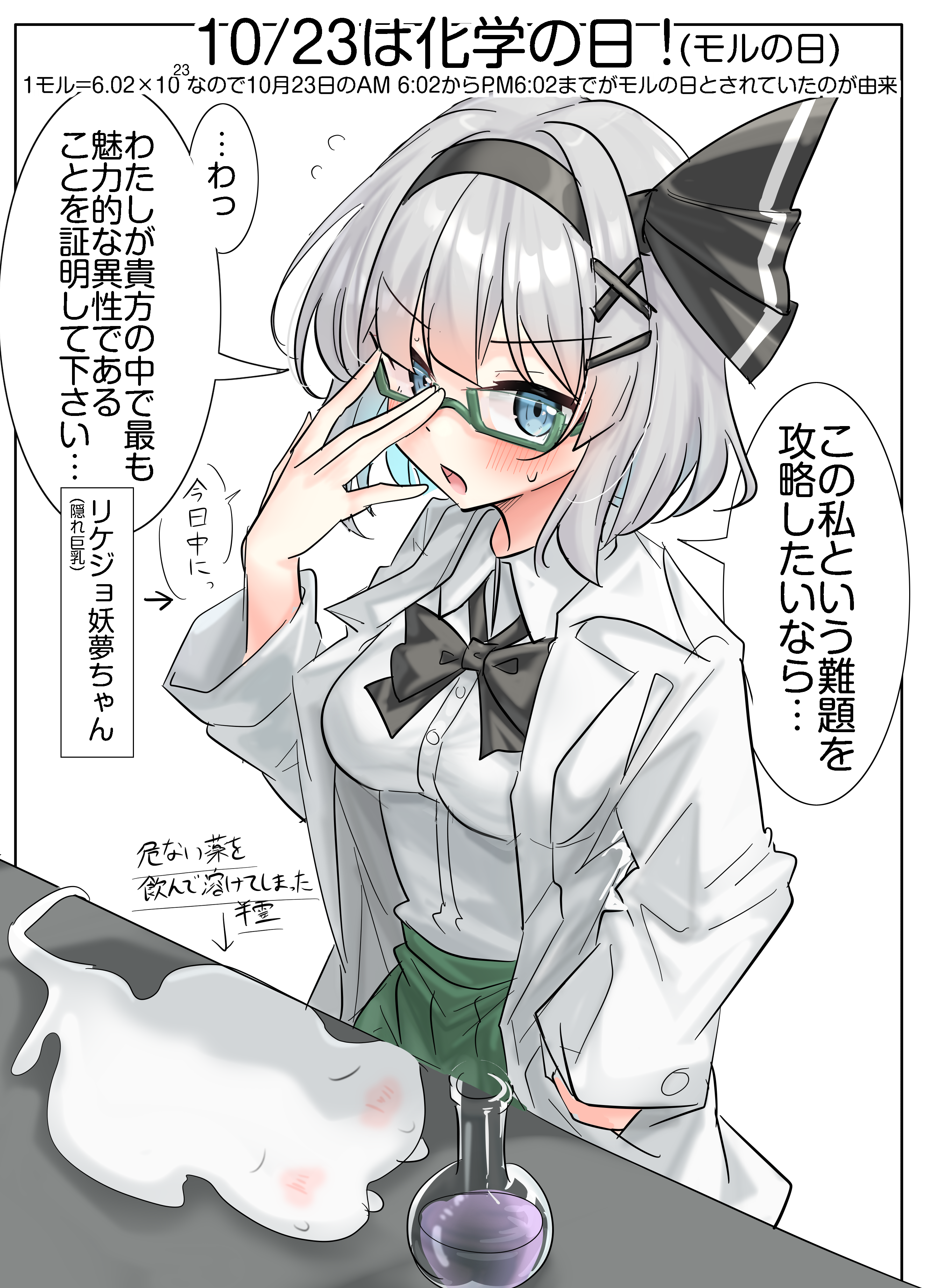 youyume-kun, konpaku youmu, konpaku youmu (ghost), touhou, absurdres, commentary request, highres, translation request, 1girl, bespectacled, black bow, black bowtie, black hairband, blue eyes, blush, bow, bowtie, breasts, glasses, green-framed eyewear, green skirt, grey hair, hair ornament, hairband, lab coat, looking at viewer, medium breasts, open mouth, shirt, short hair, simple background, skirt, solo, speech bubble, white background, white shirt, x hair ornament