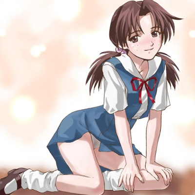 haruyama kazunori, horaki hikari, neon genesis evangelion, lowres, 1girl, blush, brown eyes, brown hair, female focus, freckles, hair bobbles, hair ornament, kneeling, long hair, loose socks, panties, pantyshot, school uniform, smile, socks, solo, twintails, underwear