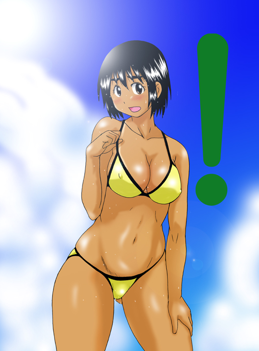 dashigara 100, minpei ichigo, ayase fuuka, yotsubato!, !, 1girl, bikini, bob cut, breasts, cleavage, cloud, day, female focus, large breasts, short hair, sky, solo, swimsuit, tan, thick eyebrows, yellow bikini