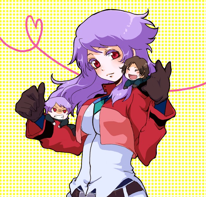 aucie, aushii, anew returner, lyle dylandy, revive revival, gundam, gundam 00, bad id, bad pixiv id, 00s, 1girl, 2boys, belt, chibi, innovators (gundam 00), multiple boys, purple hair, red eyes