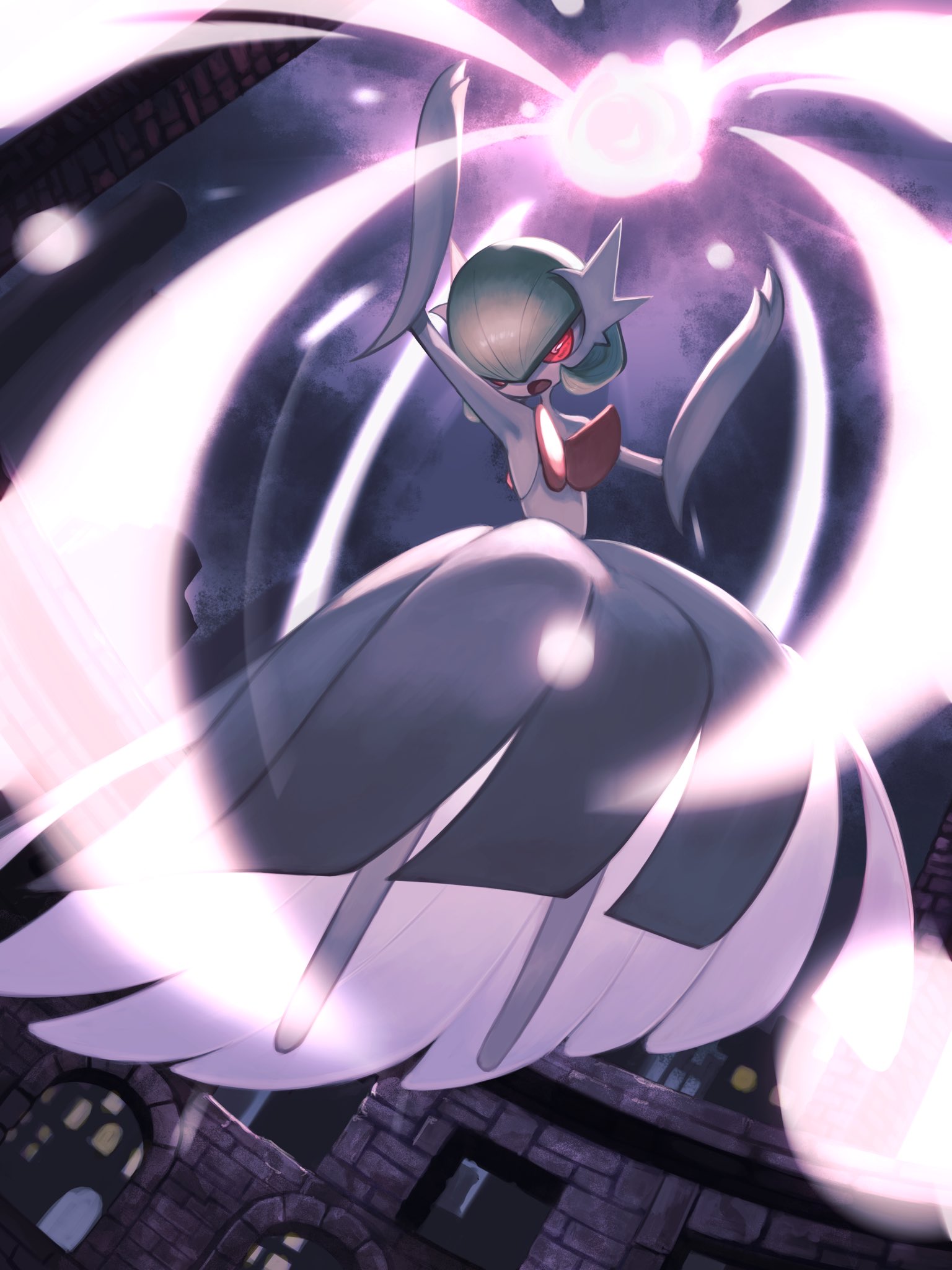 clarashiina, gardevoir, mega gardevoir, nintendo, pokemon, highres, arms up, bob cut, colored skin, dress, elbow gloves, energy ball, gen 3 pokemon, gloves, green hair, mega pokemon, open mouth, pokemon (creature), red eyes, strapless, strapless dress, white dress, white gloves, white skin