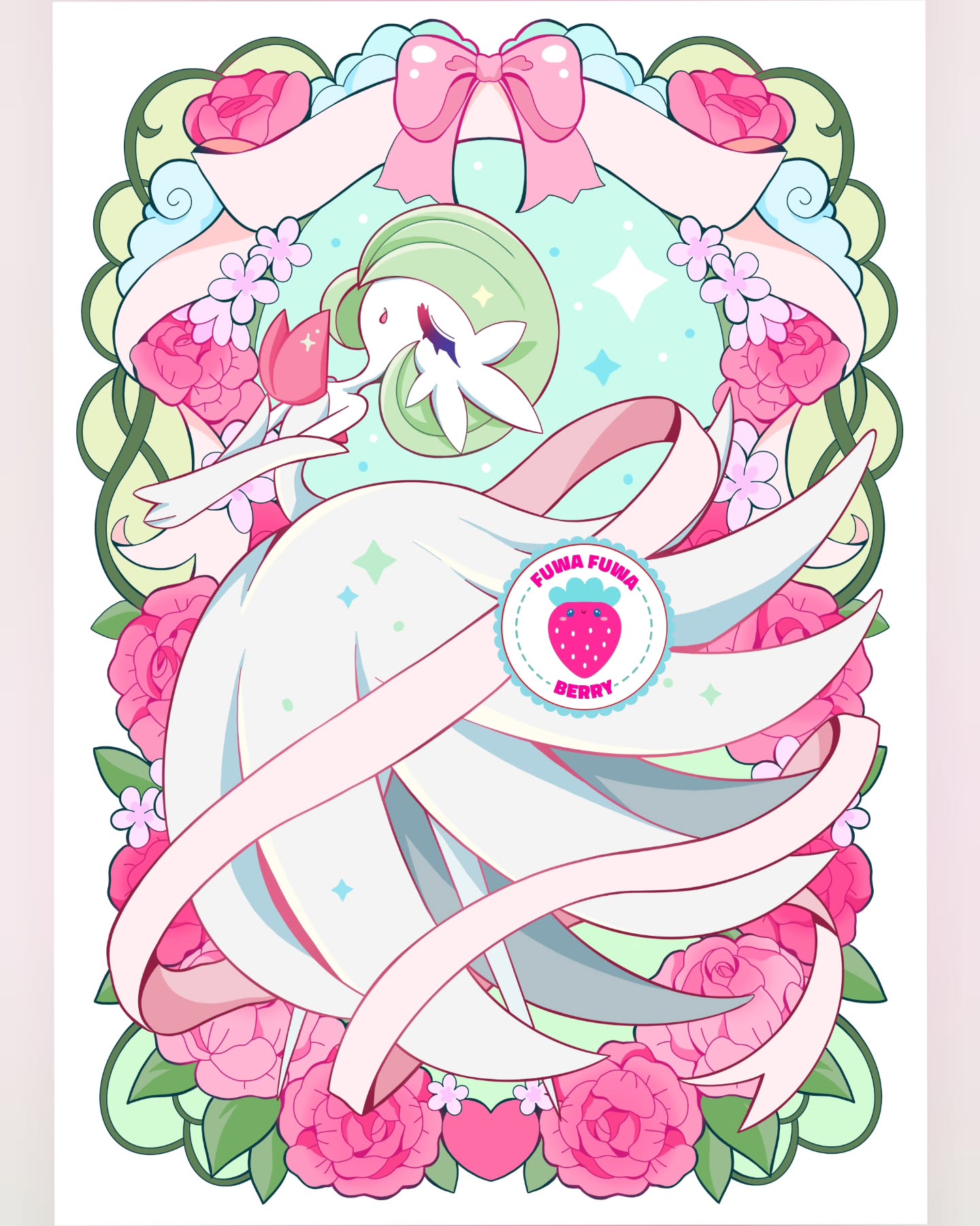 fuwafuwa berry, gardevoir, mega gardevoir, nintendo, pokemon, highres, artist name, bob cut, bow, closed eyes, colored skin, dress, elbow gloves, floral background, flower, gen 3 pokemon, gloves, green hair, mega pokemon, pink bow, pink flower, pink ribbon, pink rose, pokemon (creature), ribbon, rose, signature, white dress, white gloves, white skin