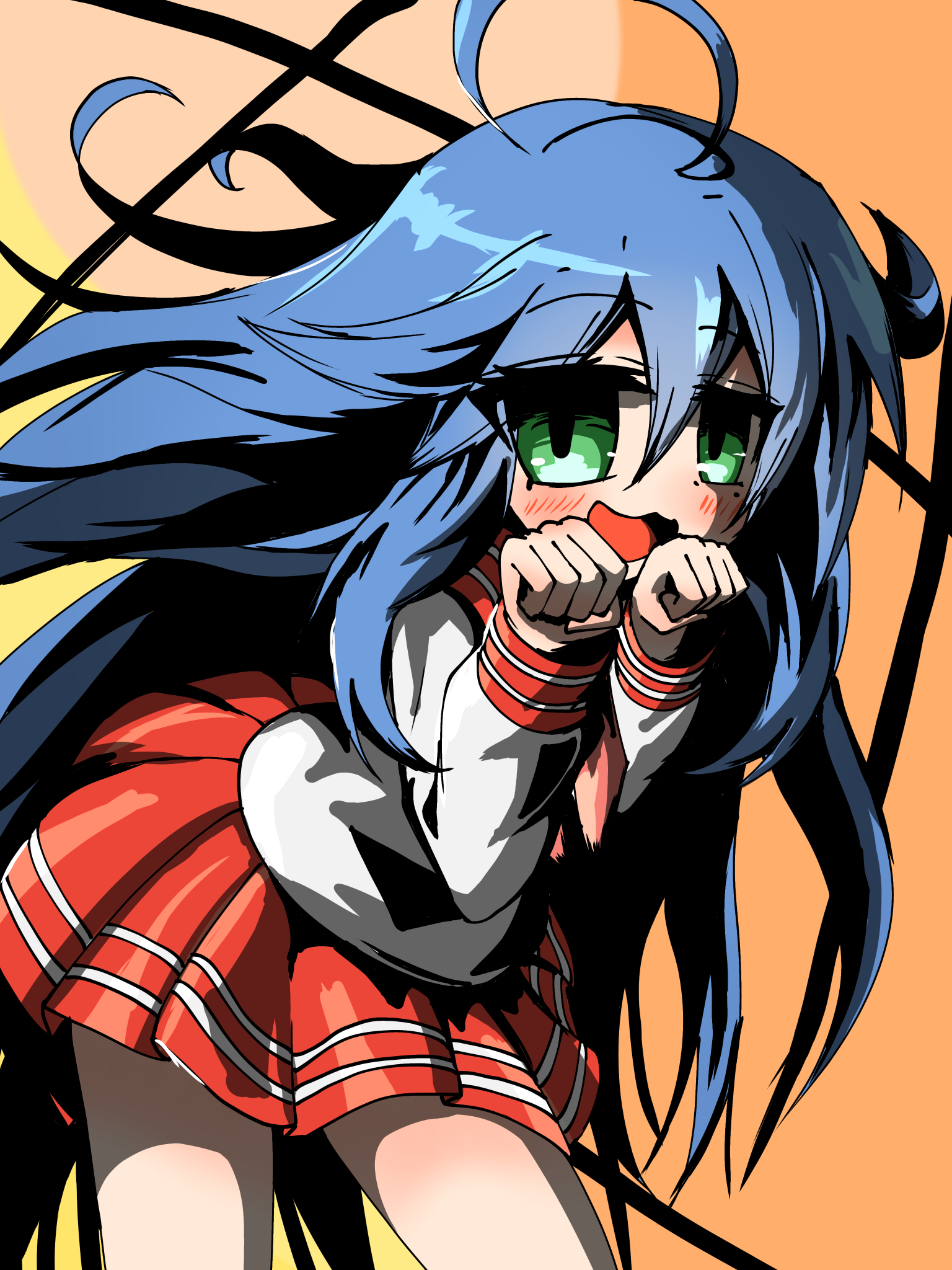 reisaki niseen, izumi konata, lucky star, check commentary, commentary request, highres, 1girl, :3, ahoge, anime coloring, blue hair, blush, green eyes, hair between eyes, leaning forward, long hair, long sleeves, looking at viewer, neckerchief, open mouth, orange background, pink neckerchief, pleated skirt, red sailor collar, red skirt, ryouou school uniform, sailor collar, school uniform, serafuku, shadow, shirt, skirt, solo, standing, very long hair