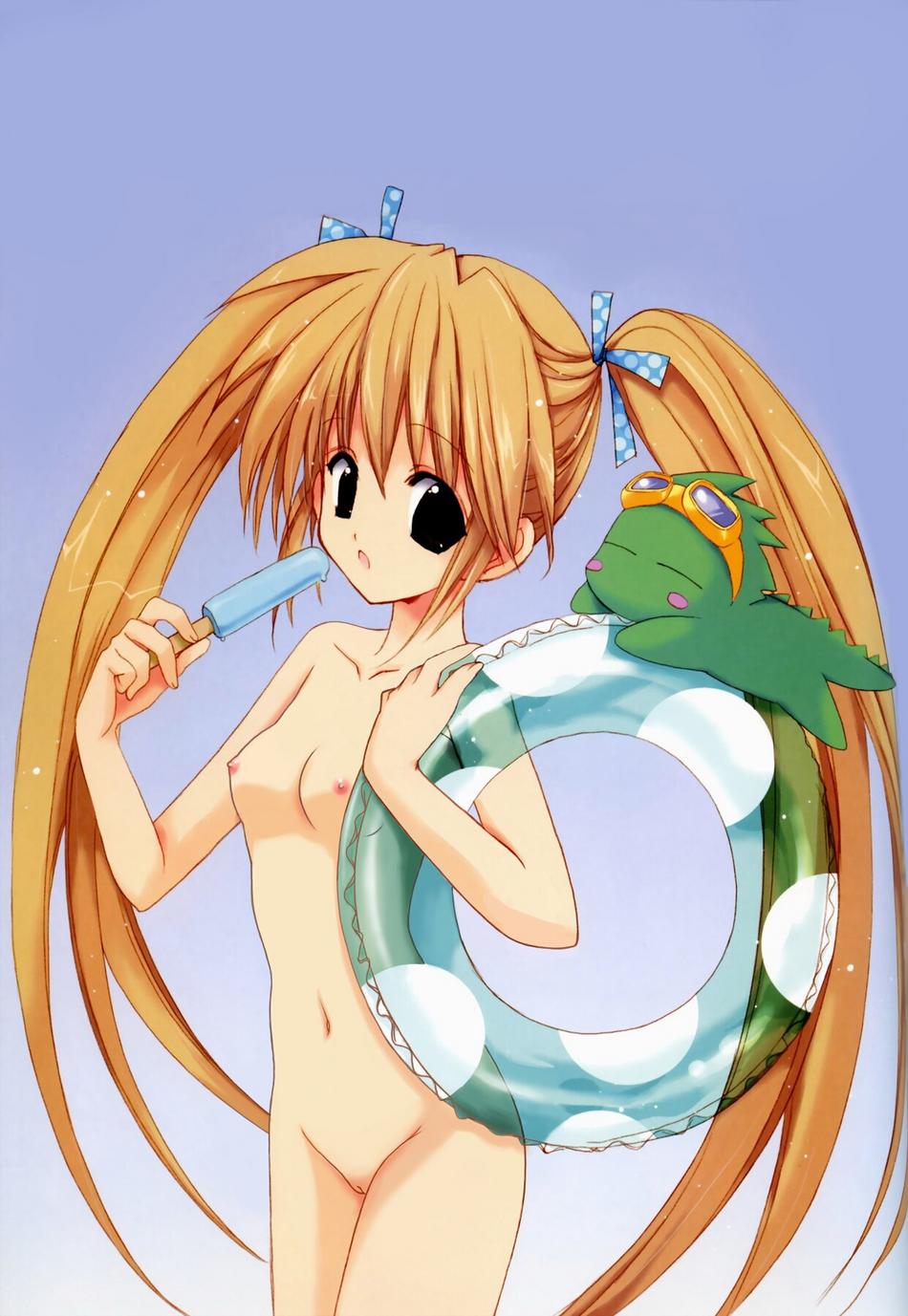 nanase aoi, original, 1girl, black eyes, blush stickers, breasts, food, goggles, hair ribbon, innertube, lizard, long hair, navel, nipples, nude, open mouth, orange hair, popsicle, pussy, ribbon, solo, twintails, uncensored, very long hair