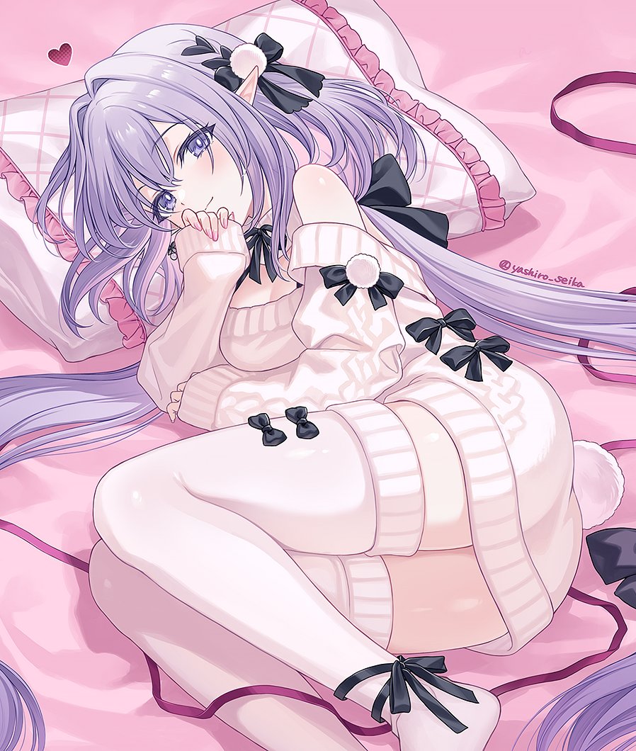 yashiro seika, castorice (honkai: star rail), honkai: star rail, honkai (series), commentary, commentary request, 1girl, bow, braid, breasts, hair ribbon, light blush, long hair, lying, medium breasts, off shoulder, pillow, pink nails, pointy ears, purple eyes, purple hair, ribbon, side braid, sweater, thighhighs, thighs, very long hair