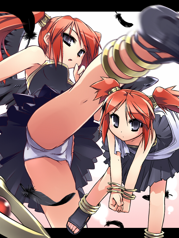 redrantem, tomoshibi hidekazu, eris (heracles no eikou), eris (hercules no eiko), eris (tamashii no shoumei), heracles no eikou, heracles no eikou tamashii no shoumei, hercules no eiko, 1girl, anklet, black eyes, bracelet, cameltoe, dual persona, feathers, grey eyes, high kick, jewelry, kicking, panties, pantyshot, red hair, sandals, short hair, short twintails, staff, twintails, underwear, upskirt