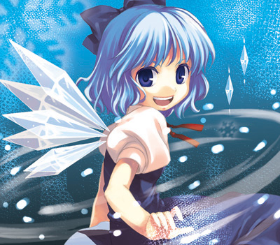 aro s, shimakusa arou, cirno, embodiment of scarlet devil, touhou, lowres, 1girl, blue eyes, blue hair, bow, female focus, from side, hair bow, matching hair/eyes, short hair, snow, solo, wings