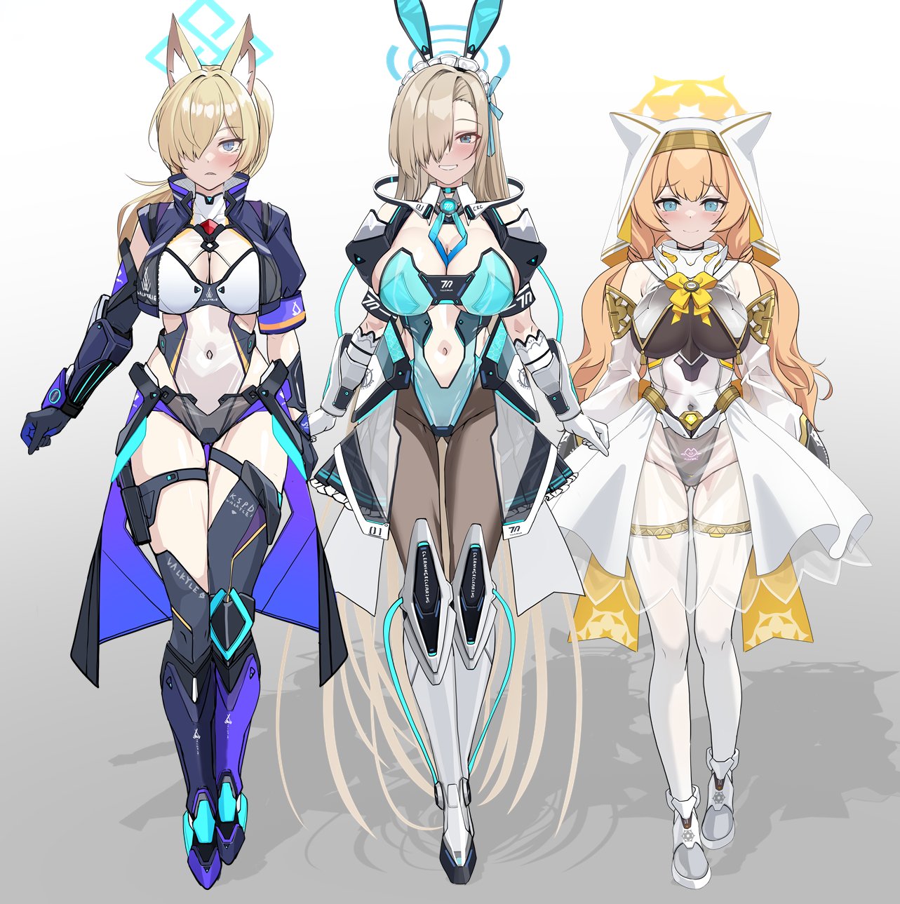 strelka belca, asuna (blue archive), asuna (bunny) (blue archive), kanna (blue archive), mari (blue archive), blue archive, highres, 1girl, 3girls, alternate costume, animal ears, armband, blonde hair, blue eyes, blue halo, blush, breasts, cat ears, cleavage, cleavage cutout, clothing cutout, covered navel, detached collar, fake animal ears, full body, gloves, grin, hair over one eye, halo, highleg, highleg leotard, large breasts, leotard, long hair, looking at viewer, mole, multiple girls, orange hair, pantyhose, parted lips, purple armband, rabbit ears, shoes, smile, standing, strapless, strapless leotard, very long hair, yellow halo