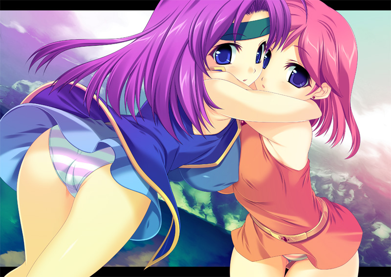 kinoshita ichi, faris scherwiz, lenna charlotte tycoon, final fantasy, final fantasy v, 1990s (style), 2girls, ass, bare shoulders, blue eyes, blush, breast press, breasts, earrings, headband, hug, incest, jewelry, long hair, multiple girls, orange shirt, orange skirt, panties, pantyshot, pink hair, purple eyes, purple hair, retro artstyle, shirt, short hair, siblings, sisters, skirt, striped clothes, striped panties, symmetrical docking, underwear, upskirt, yuri