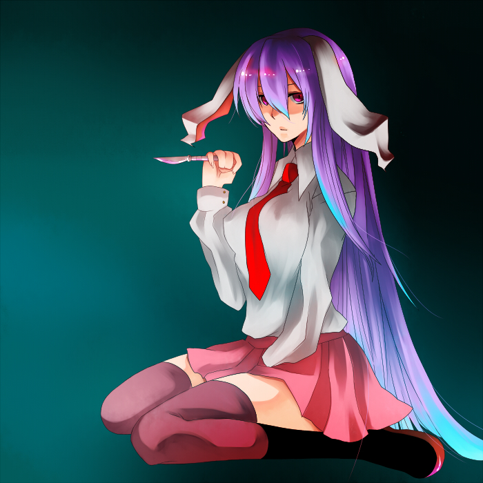 yutazou, reisen udongein inaba, touhou, bad id, bad pixiv id, 1girl, amputee, animal ears, blue hair, boots, dress shirt, female focus, gradient hair, knee boots, knife, long hair, multicolored hair, purple eyes, purple hair, rabbit ears, red eyes, scalpel, shirt, sitting, skirt, solo, thighhighs, very long hair, wariza, when you see it, zettai ryouiki