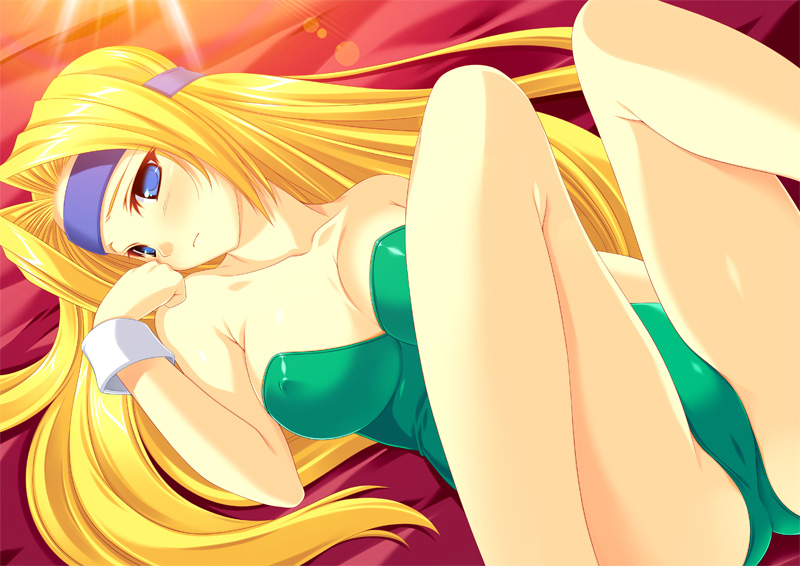 kinoshita ichi, celes chere, final fantasy, final fantasy vi, looking away, 1990s (style), 1girl, bare shoulders, bed, blonde hair, blue eyes, blush, breasts, cleavage, collarbone, female focus, headband, legs, lens flare, leotard, long hair, lying, on back, solo, wrist cuffs