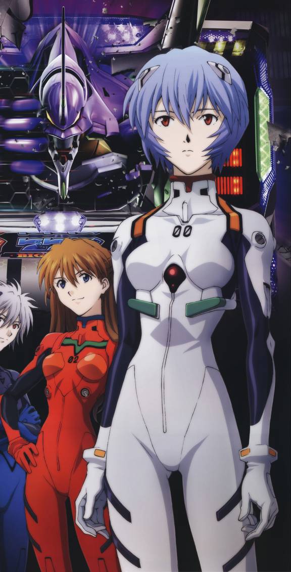 ayanami rei, eva 01, nagisa kaworu, souryuu asuka langley, neon genesis evangelion, neon genesis evangelion: yakusoku no toki, silver hair, official art, 2girls, blue eyes, blue hair, bracer, breasts, brown hair, cowboy shot, expressionless, frown, gloves, hair between eyes, hair ornament, hand on own hip, light smile, looking at viewer, mecha, mecha pilot suit, multiple girls, pale skin, plugsuit (evangelion), red eyes, red hair, robot, skinny, small breasts, smile, spiked hair, standing, turtleneck