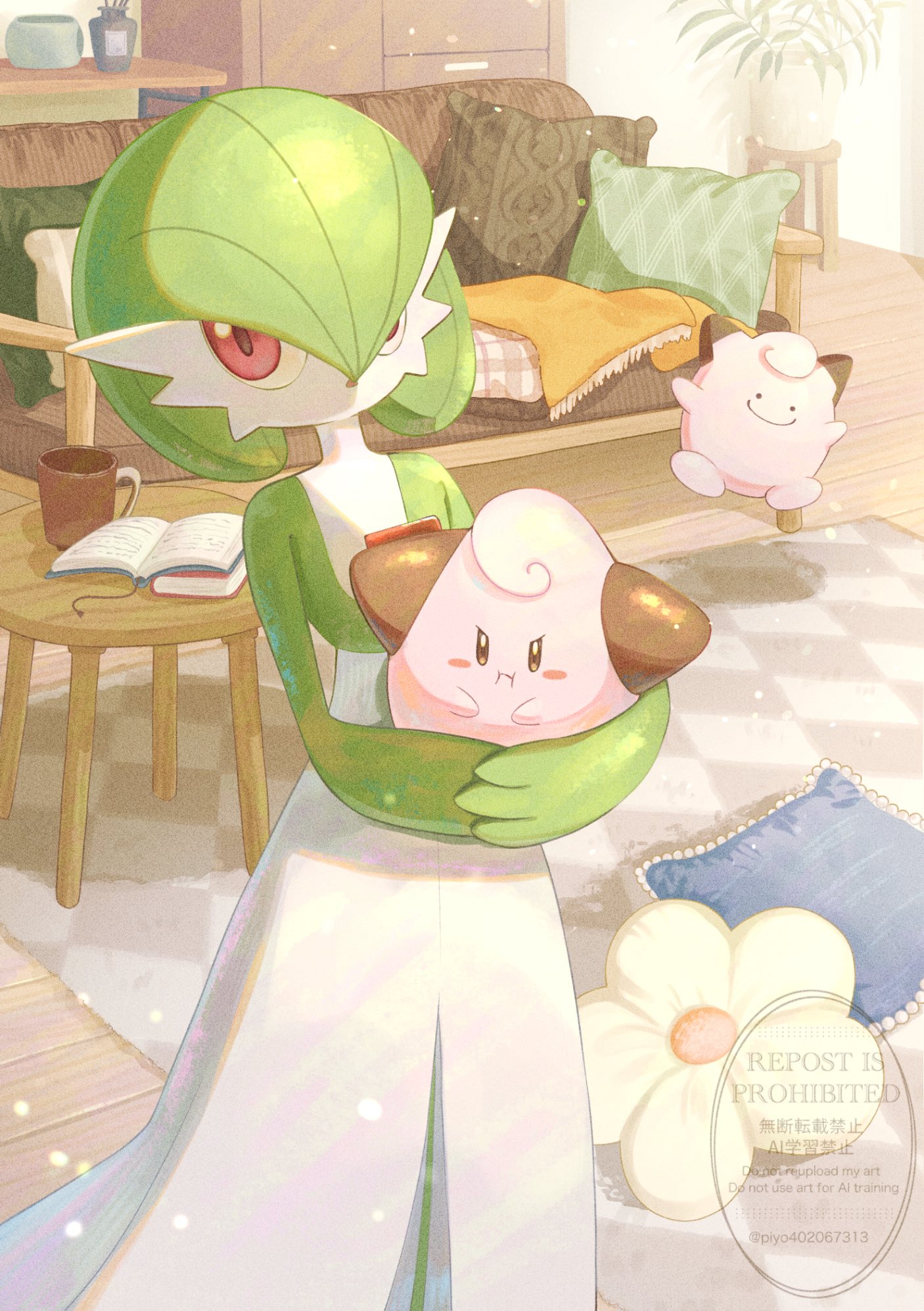 piyokonoenikki 04, cleffa, ditto, gardevoir, transformed ditto, nintendo, pokemon, highres, bob cut, carpet, colored skin, couch, dress, gen 1 pokemon, gen 2 pokemon, gen 3 pokemon, green hair, green skin, holding, holding pokemon, indoors, multicolored skin, pillow, pink eyes, pink skin, pokemon (creature), table, two-tone skin, watermark, white dress, white skin