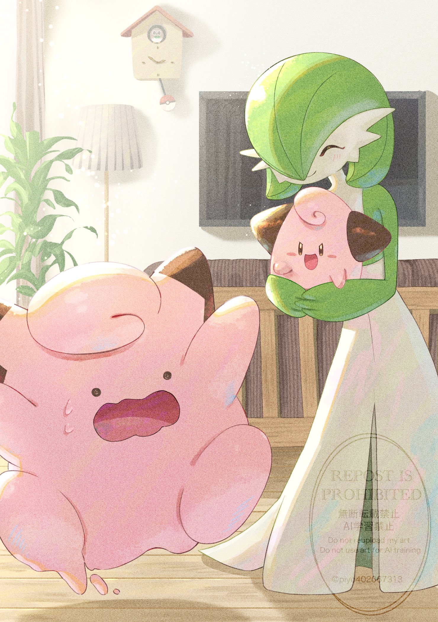 piyokonoenikki 04, cleffa, ditto, gardevoir, transformed ditto, nintendo, pokemon, highres, black eyes, closed eyes, colored skin, dress, gen 1 pokemon, gen 2 pokemon, gen 3 pokemon, green hair, green skin, hair over one eye, indoors, multicolored skin, open mouth, pink skin, pokemon (creature), smile, sweatdrop, two-tone skin, watermark, white dress, white skin