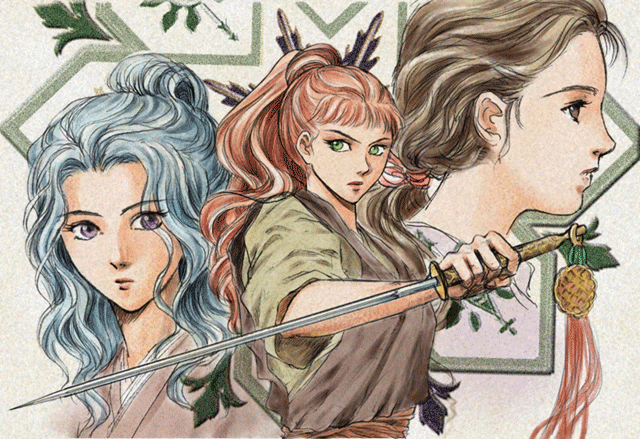 kirie (pixiv25868), nakajima youko, ouki suzu, shoukei, shoukei (juuni kokuki), juuni kokuki, traditional media, 3girls, blue hair, brown eyes, brown hair, chinese clothes, green eyes, hanfu, jian (weapon), long hair, multiple girls, purple eyes, red hair, sword, weapon