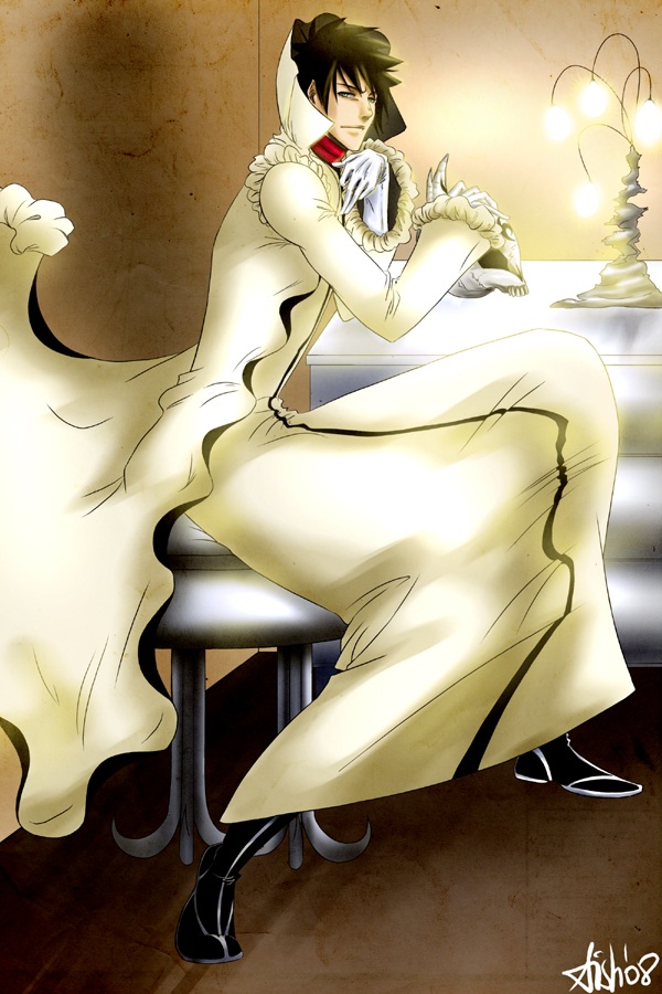 aaroniero arruruerie, shiba kaien, bleach, 00s, 1boy, 2008, arrancar, disguise, hollow (bleach), male focus, number tattoo, sitting, solo, table, tattoo