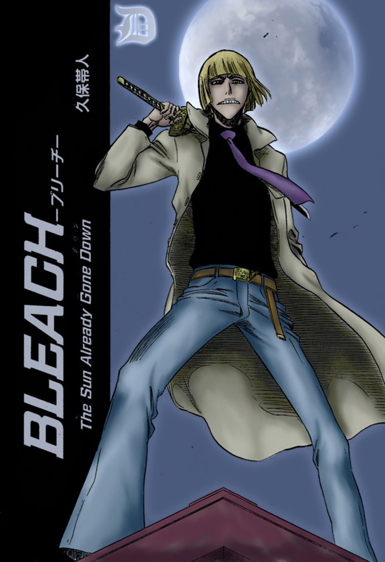 hirako shinji, bleach, 00s, 1boy, blonde hair, denim, jeans, male focus, moon, necktie, pants, solo, weapon