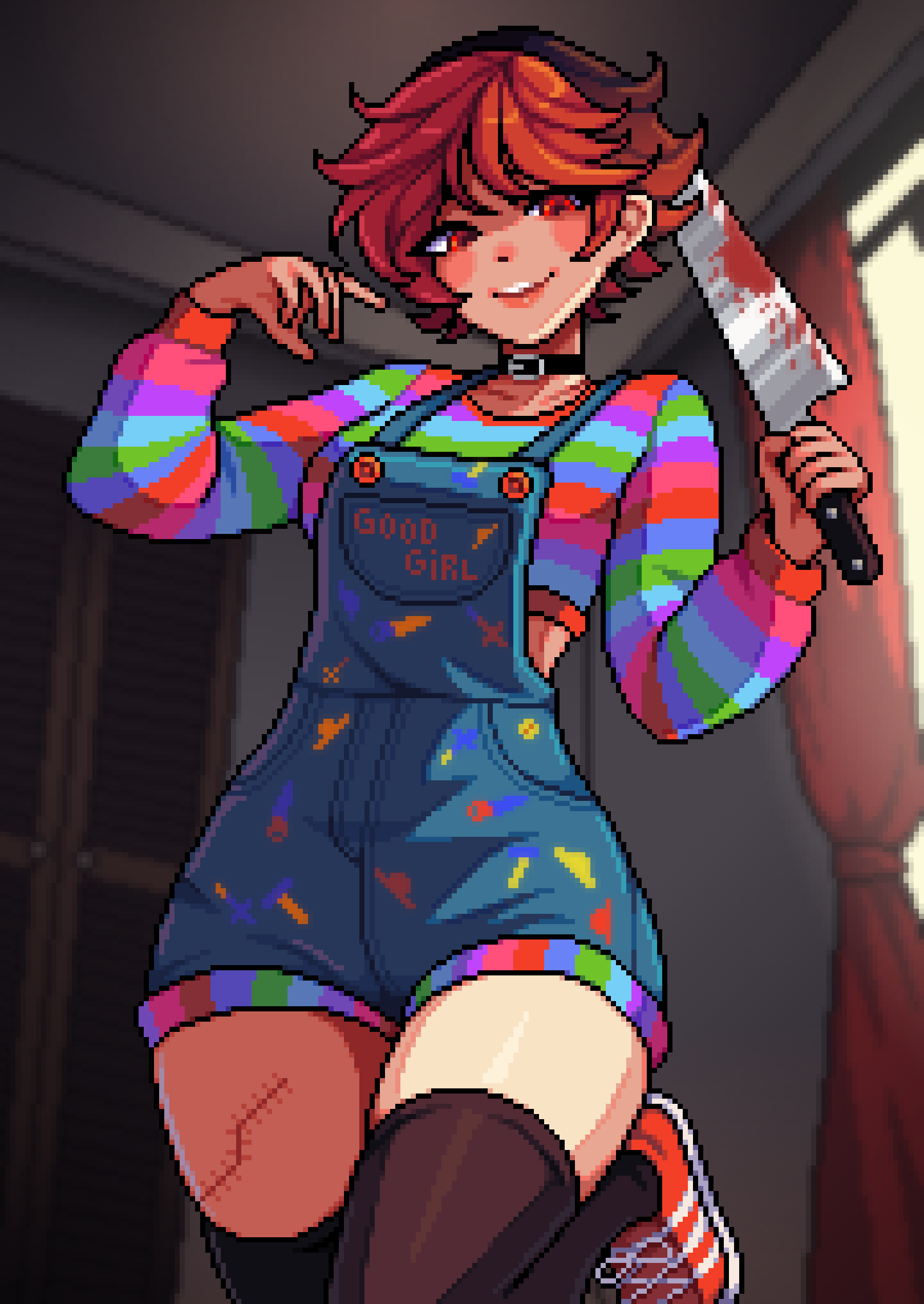 yumykon, chucky, child's play, absurdres, highres, 1girl, black choker, black thighhighs, blood, bloody knife, bloody weapon, blue overalls, choker, crop top, holding, holding knife, indoors, knife, looking at viewer, multicolored hair, multicolored shirt, orange hair, overalls, pixel art, red eyes, shirt, shoes, short hair, smile, sneakers, solo, striped clothes, striped shirt, thighhighs, weapon